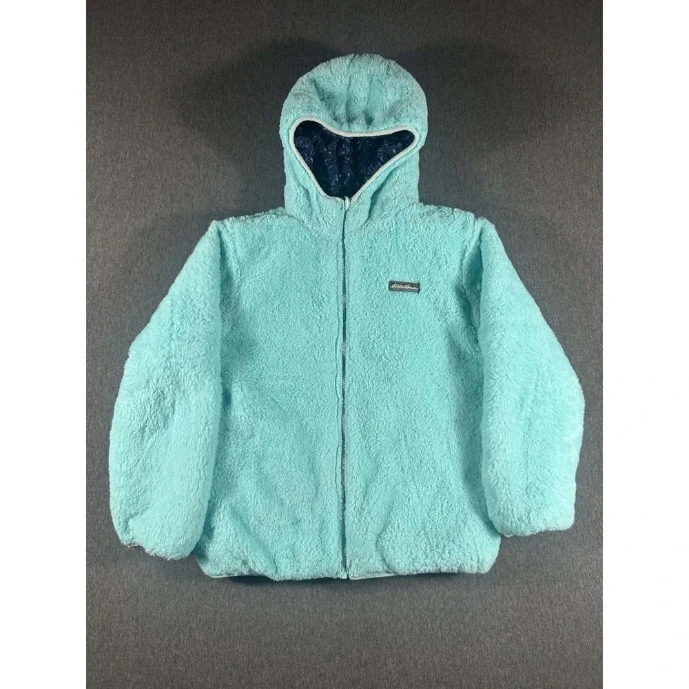 Eddie Bauer Kids Reversible Hooded Jacket Blue Pattern Teal Fleece M(10-12)